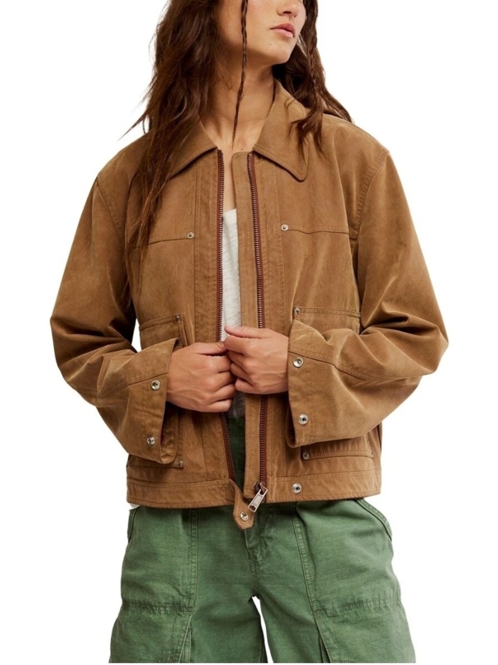 Free People Blair Vegan Suede Moto Trucker Shacket Cargo Utility Jacket Brown L - Picture 3 of 12